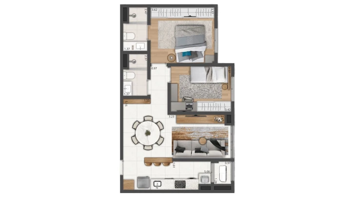 Planta do Matiz: Apartamento de 66 m² | Living ampliado