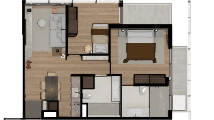 Planta do Plaza Residence: Sugestão de modificação apartamento de 74m² com 2 banheiros