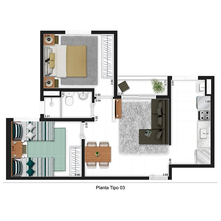 Planta do Borghese Boulevard: APTO. 2 DORMS. - 47,15 m² privativos