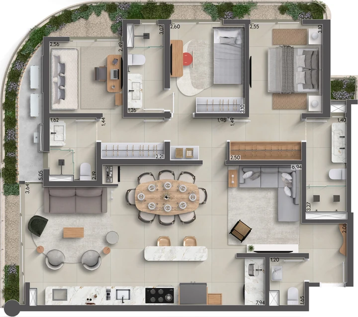Planta do Horizon Residences: 124m² | 3 Suítes | Lavabo | Layout Decorado