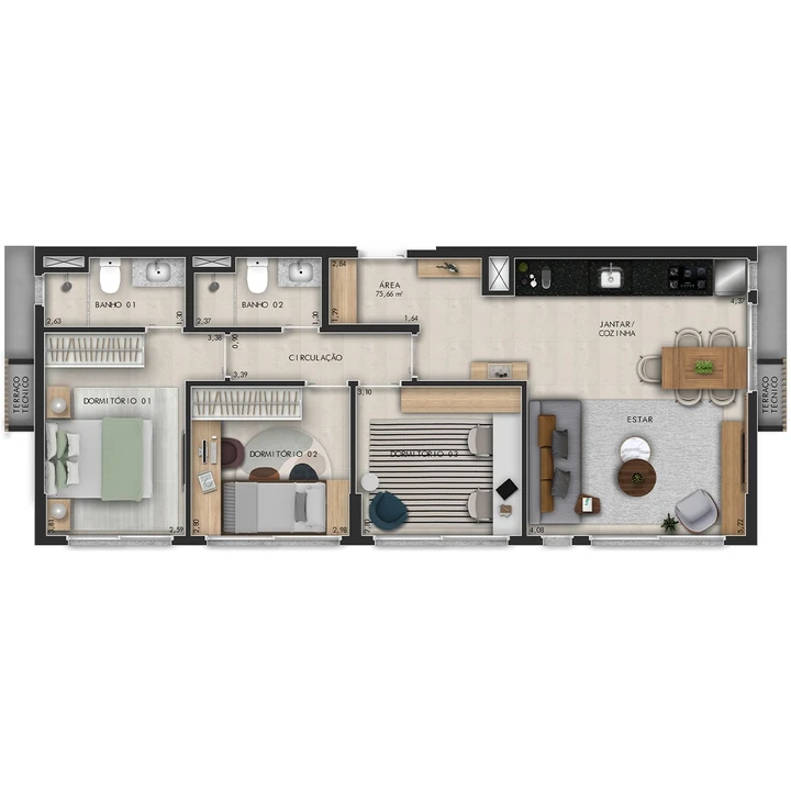 Planta do Platz by Tarraf: Apto 75 m² (3 dorms)
