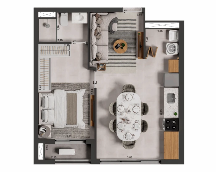 Planta do Meet: APTO TIPO 3 - 48,07M² - 1 dormitório, sala integrada, cozinha gourmet, lavanderia box, laje técnica