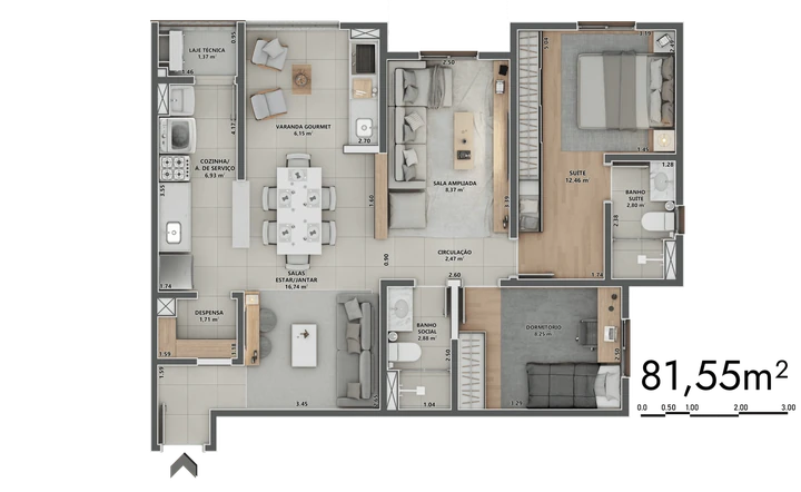 Planta do Sinni 551 Residences: 81,55m² | 1 Dormitórios | 1 suíte | Despensa | Sala ampliada | Varanda Gourmet Aberta