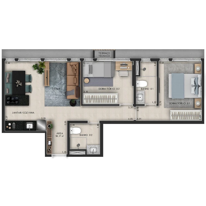Planta do Platz by Tarraf: Apto 58 m² (2 dorms)