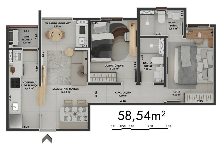 Planta do Sinni 551 Residences: 58,54m² | 1 Dormitório | 1 Suíte | Varanda Gourmet Aberta | Layout Decorado