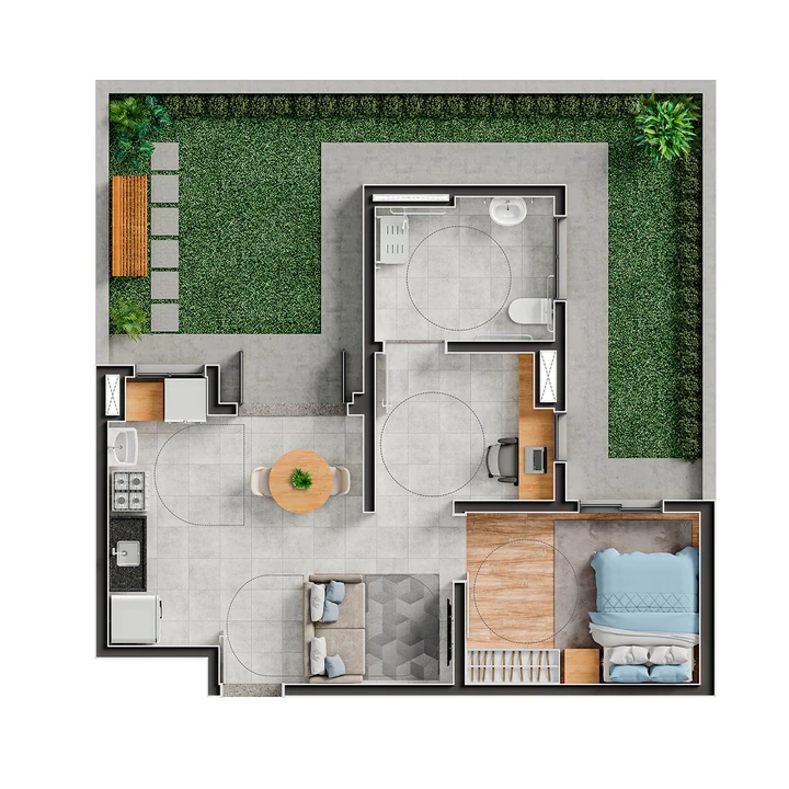 Planta do Quinta das Amoras: 77 m² | 1 dorm - PCD