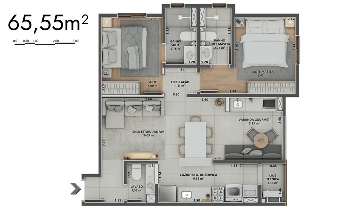 Planta do Sinni 551 Residences: 65,55m² | 2 Suítes | Lavabo | Sala ampliada | Varanda Gourmet Aberta