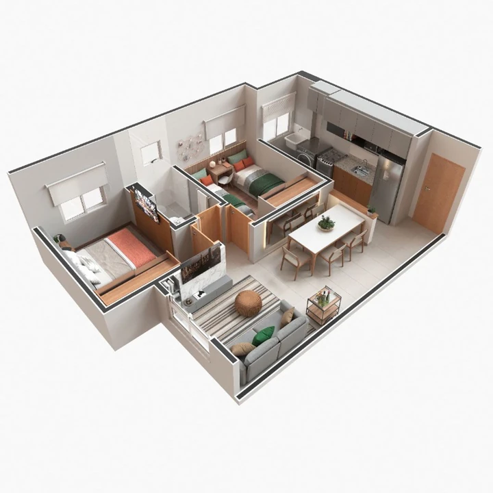 Planta do Valle dos Colibris: PERSPECTIVA 3D - PLANTA TIPO 1 47,86M²