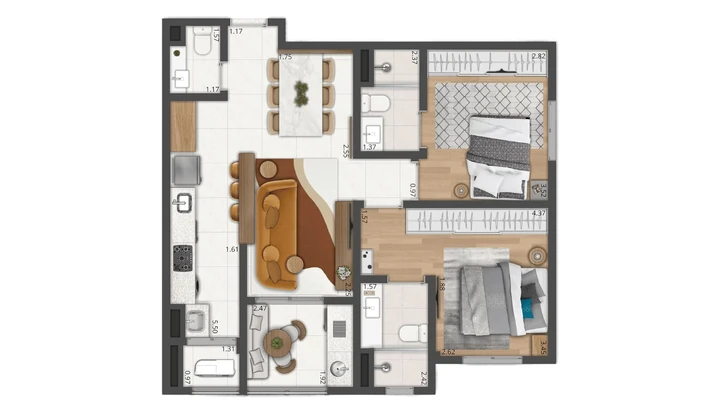 Planta do Matiz: Apartamento de 75 m² | Terraço Gourmet