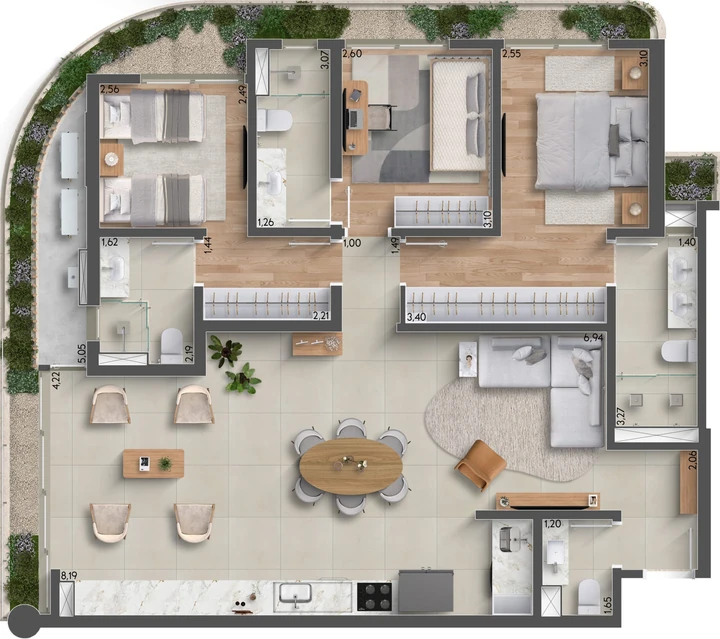 Planta do Horizon Residences: 124m² | 3 Suítes | Lavabo | Closet Estendido | Bancada Estendida