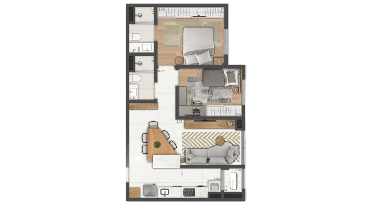 Planta do Matiz: Apartamento de 66 m² | Gourmet integrado