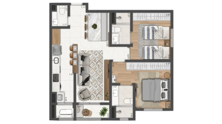 Planta do Matiz: Apartamento de 75 m² | Sala ampliada