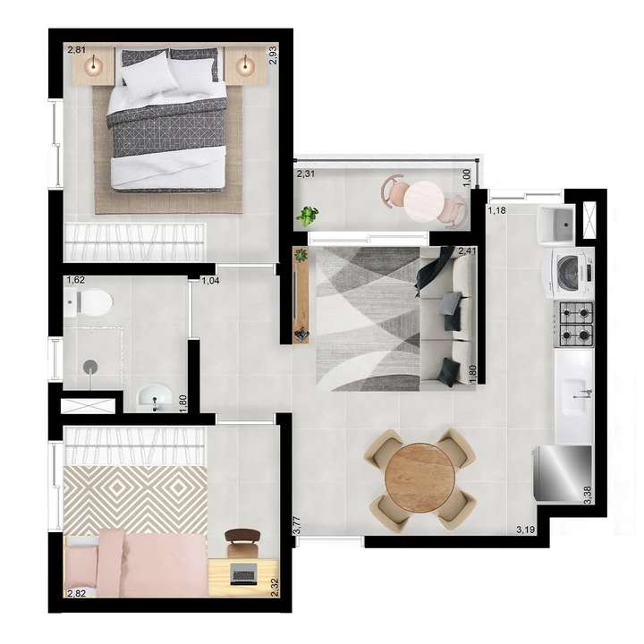 Planta do Borghese Boulevard 2: Planta Tipo A - 44,11 m² | 2 dormitórios | 1 vaga