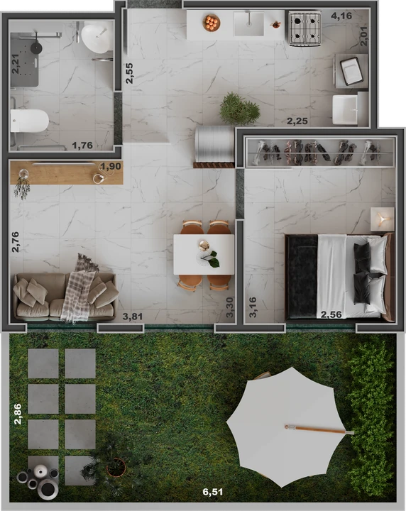 Planta do Unique Palestra: Apartamento Garden PCD - 1 dorm. - 56,53 m²