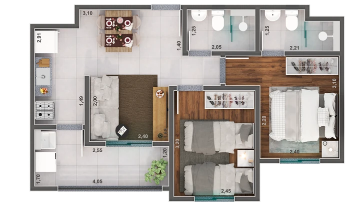 Planta do Palestra Life: Planta Meio - Palestra Life - 2 dorm. - 50,41 m²