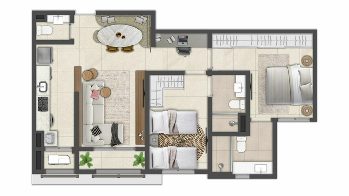 Planta do Cambuí Reserva da Mata: Apartamento 74,3 m² | Sala ampliada