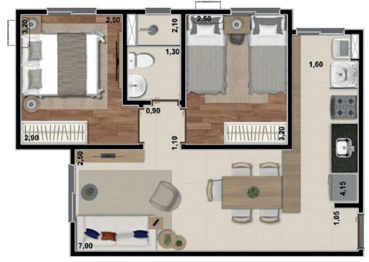 Planta do Valle dos Colibris: PLANTA TIPO 1 - 47,86 M²
