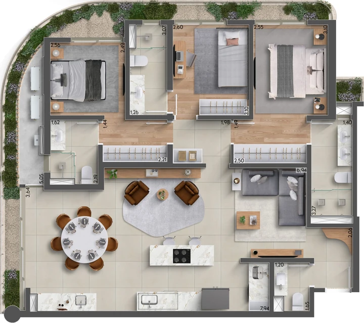Planta do Horizon Residences: 124m² | 3 Suítes | Lavabo | Varanda Gourmet Aberta com Ilha