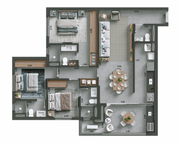 Planta do Murano: PLANTA DE 106,28M² - 3 suítes, Lavabo, Cozinha e Varanda Gourmet