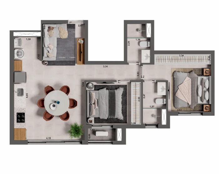 Planta do Meet: APTO TIPO 2 - 67,50M² - 2 dormitórios (sendo 1 suíte), sala integrada, cozinha gourmet, lavanderia box, laje técnica