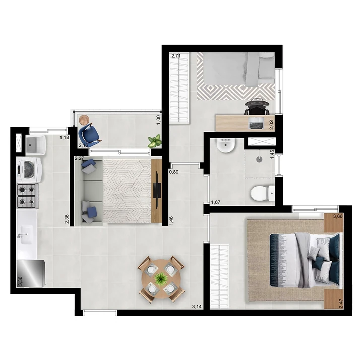 Planta do Borghese Boulevard 2: Planta Tipo B - 44,98 m² | 2 dormitórios | 1 vaga