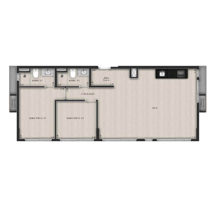 Planta do Platz by Tarraf: Apto 75 m² (2 dorms)