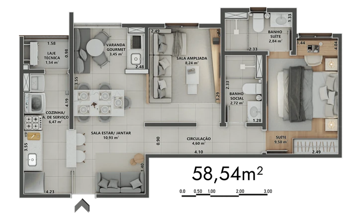 Planta do Sinni 551 Residences: 58,54m² | 1 Suíte | Sala Ampliada | Varanda Gourmet Aberta