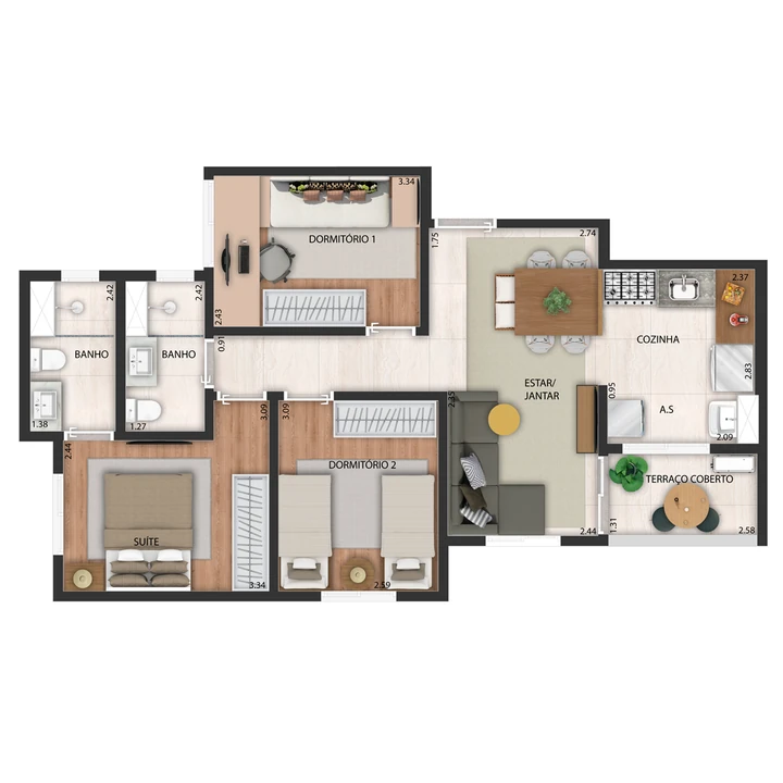 Planta do Nau Vivendas: Planta Tipo 1 - 68 m² | 3 dorms (1 suíte)