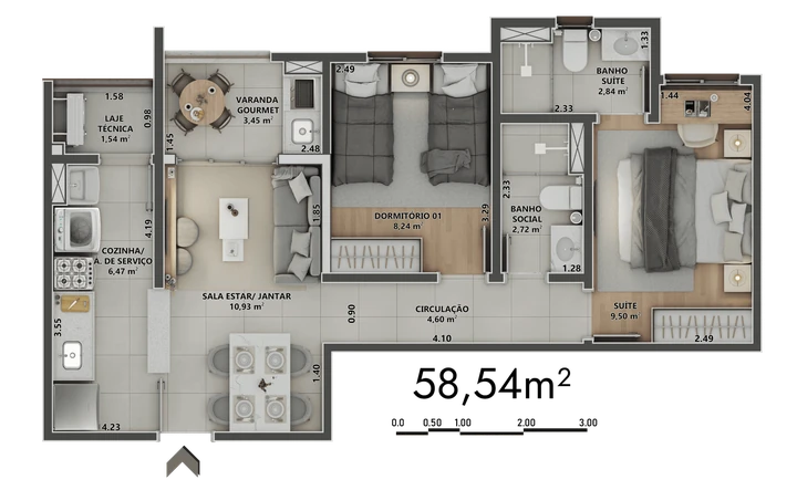 Planta do Sinni 551 Residences: 58,54m² | 1 Dormitório | 1 Suíte | Varanda Gourmet Fechada