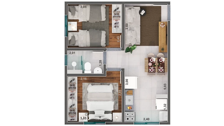 Planta do Palestra Life: Planta Ponta - Tipo 2 - Palestra Life - 2 dorm. - 39,77 m²